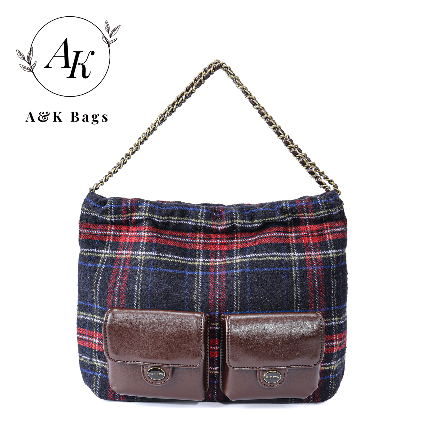 AK Tartan print Double pocket shoulder bag chain strap