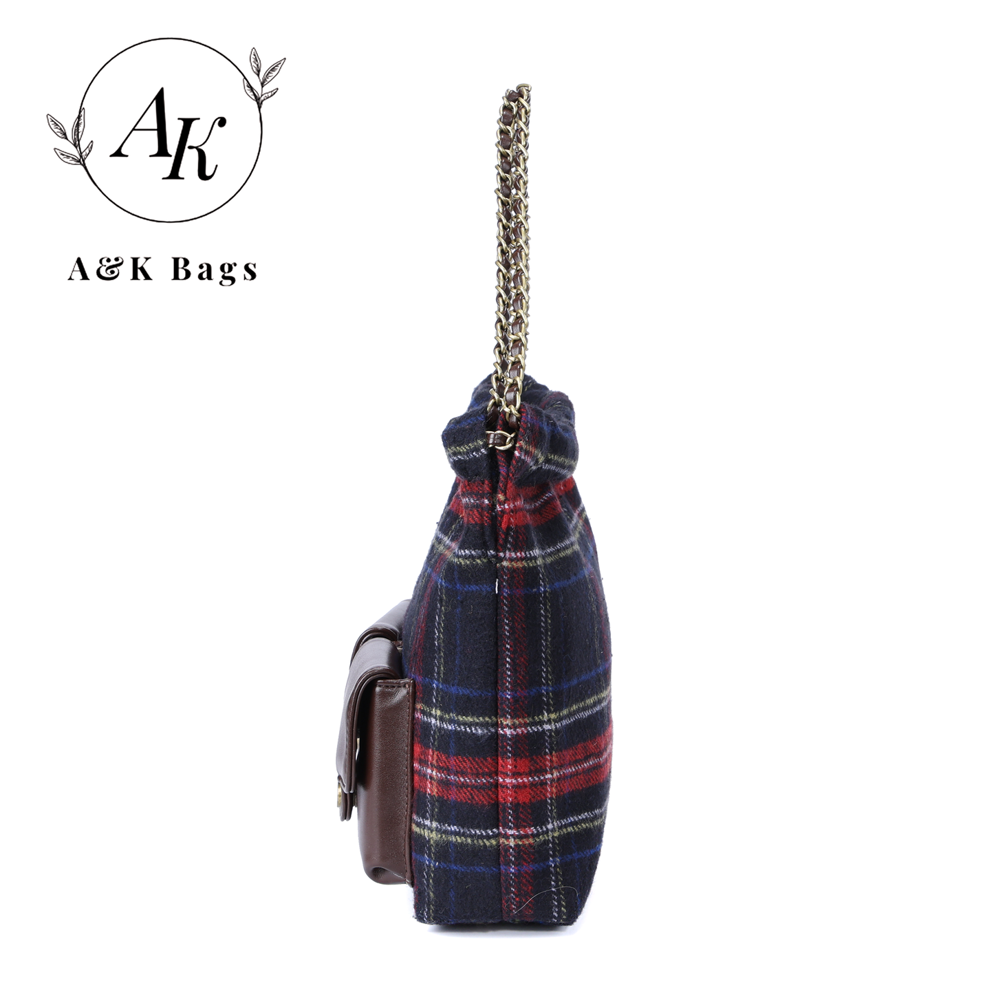 AK Tartan print Double pocket shoulder bag chain strap