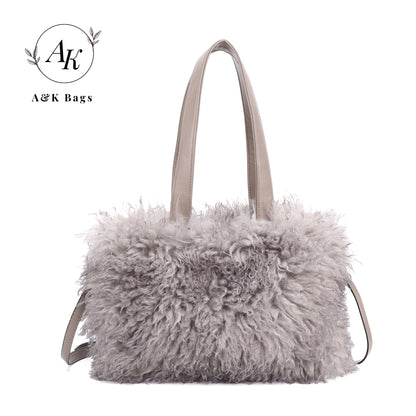 AK Grey Fluffy Faux Fur Winter women purse