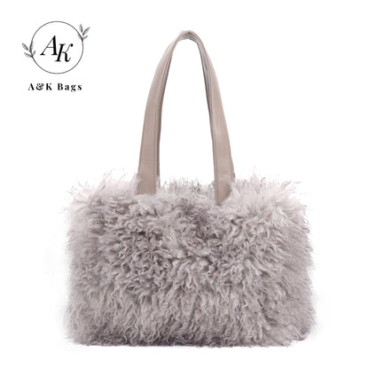 AK Grey Fluffy Faux Fur Winter women purse